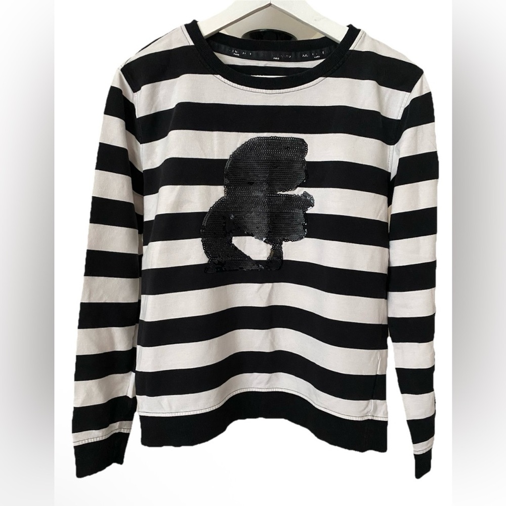 Karl Lagerfeld Black and White Striped Sequin-Embellished Crewneck Sweater XS